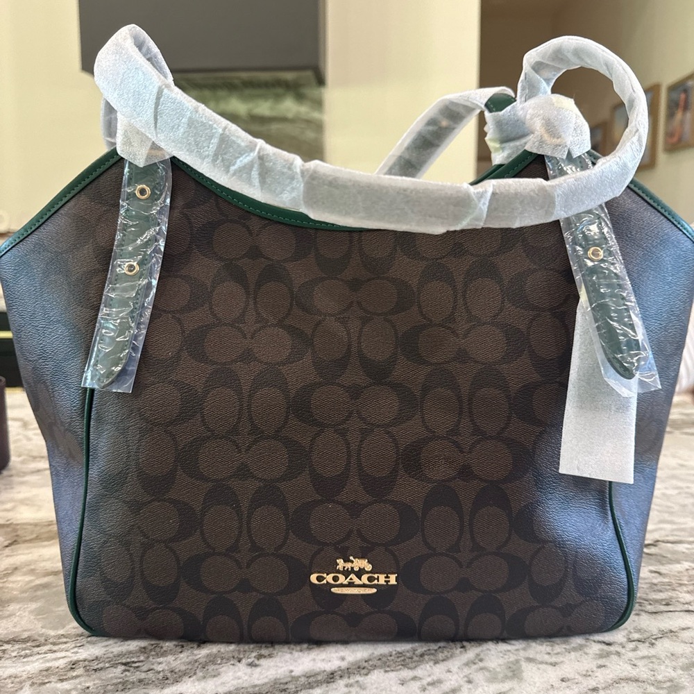 Coach Signature Brown and Black Shoulder Bag with green details